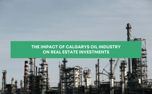 Industrial refinery towers with a banner about Calgary's oil industry impact on real estate and MLI Select investments.