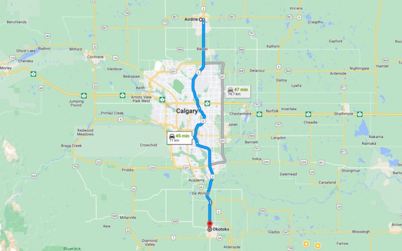 distance from airdrie to okotoks