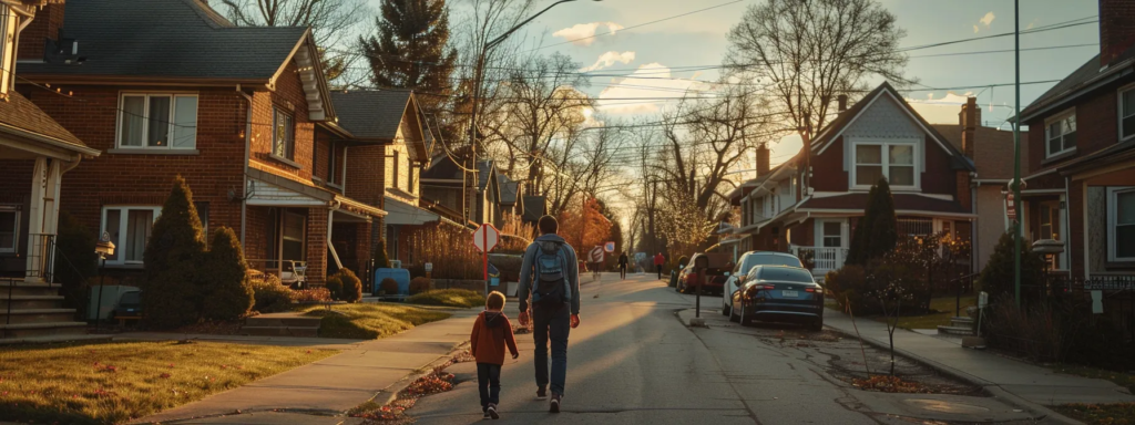 a family walking through a suburban neighbourhood looking at detached homes.