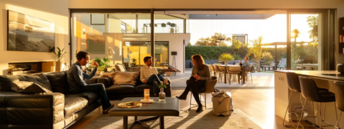 a couple discussing terms with a real estate agent inside a spacious living room of a detached home.