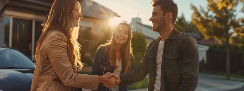 a young couple smiling and shaking hands with a real estate agent in front of a beautiful detached home.