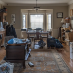 a real estate agent showing a poorly staged and cluttered living room in a detached home for sale.