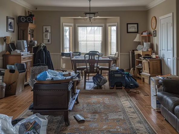 a real estate agent showing a poorly staged and cluttered living room in a detached home for sale.