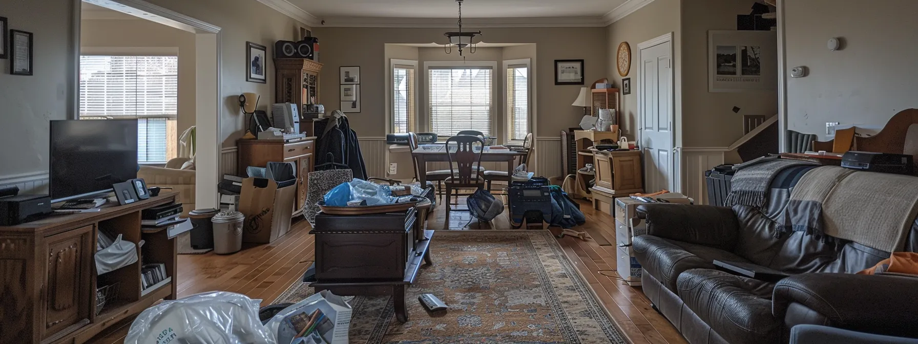 a real estate agent showing a poorly staged and cluttered living room in a detached home for sale.