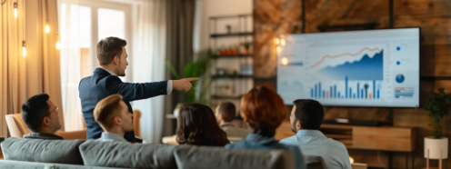 a real estate agent pointing at a graph showing detached homes market trends to a group of interested sellers.