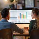 a couple sitting at a desk in a modern office, looking at a computer screen displaying a credit score guide for detached home loans.