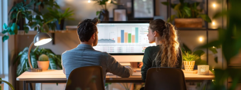 a couple sitting at a desk in a modern office, looking at a computer screen displaying a credit score guide for detached home loans.