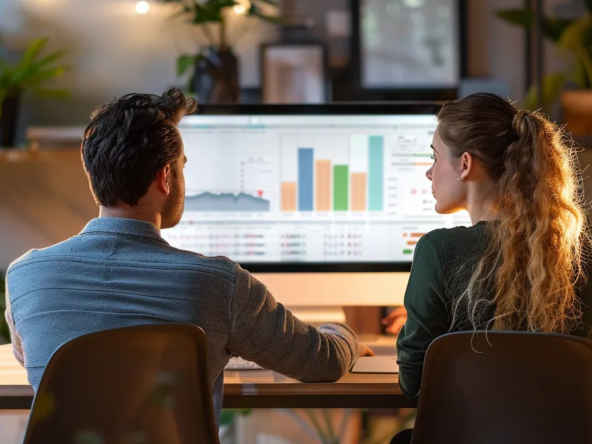 a couple sitting at a desk in a modern office, looking at a computer screen displaying a credit score guide for detached home loans.