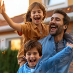 a family celebrating in front of their newly purchased detached home.