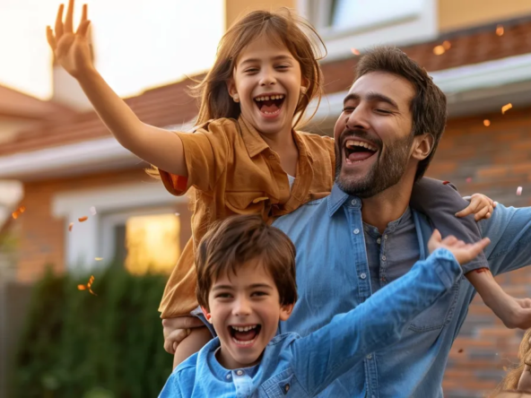 a family celebrating in front of their newly purchased detached home.