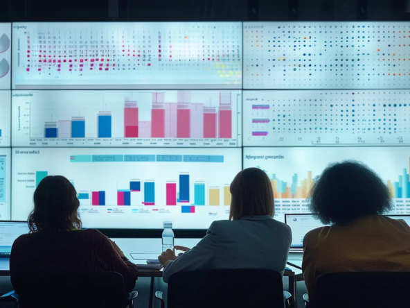 a diverse group of individuals studying a detailed income thresholds chart on a large digital screen during a team meeting.