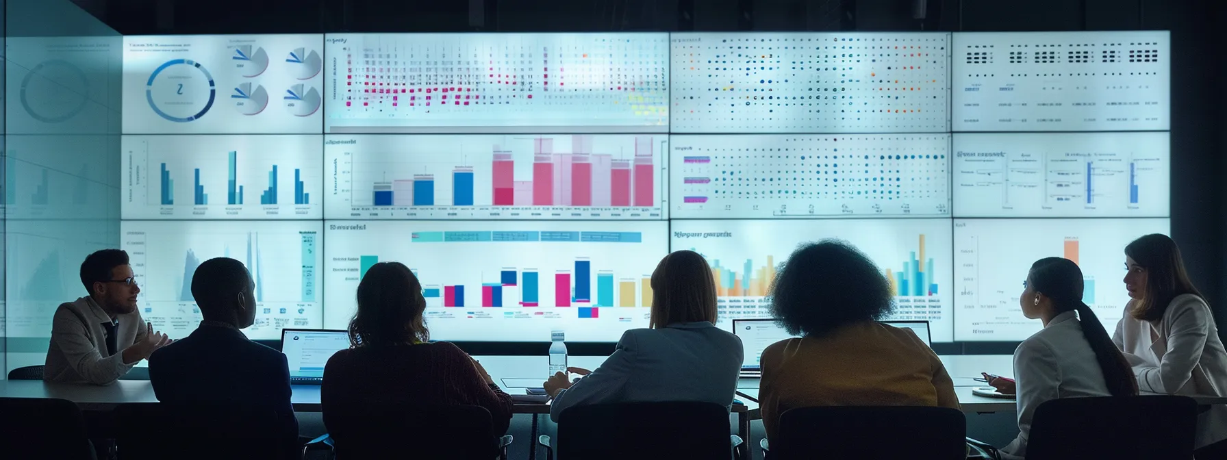 a diverse group of individuals studying a detailed income thresholds chart on a large digital screen during a team meeting.