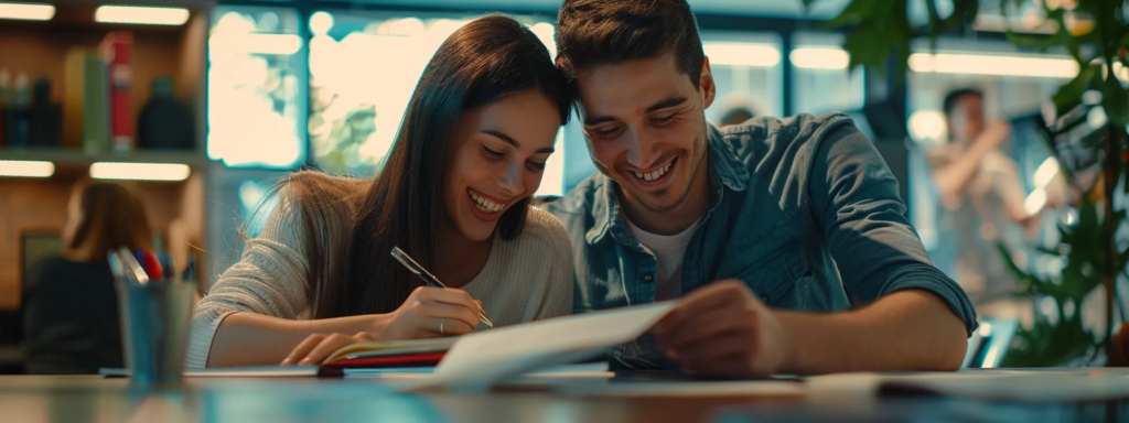 a young couple happily signing mortgage documents at a brightly lit bank.