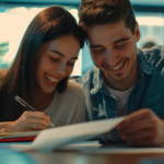 a young couple happily signing mortgage documents at a brightly lit bank.