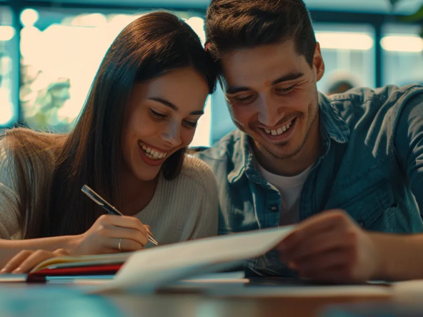 a young couple happily signing mortgage documents at a brightly lit bank.