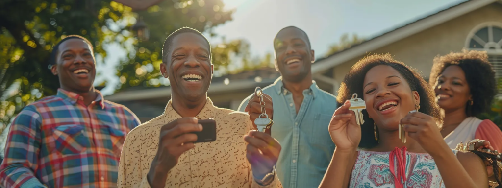 a diverse group of smiling homeowners proudly holding their house keys in front of their new homes.