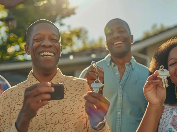 a diverse group of smiling homeowners proudly holding their house keys in front of their new homes.