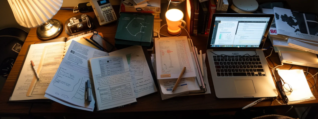 a person sitting at a desk with a laptop, notebook, and pen, surrounded by study materials and charts, preparing for their cmhc mli select application.