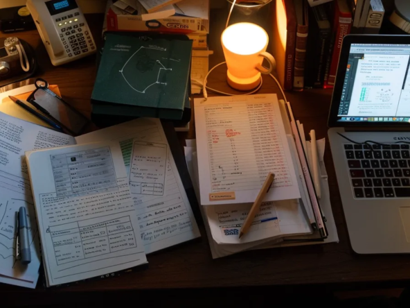 a person sitting at a desk with a laptop, notebook, and pen, surrounded by study materials and charts, preparing for their cmhc mli select application.