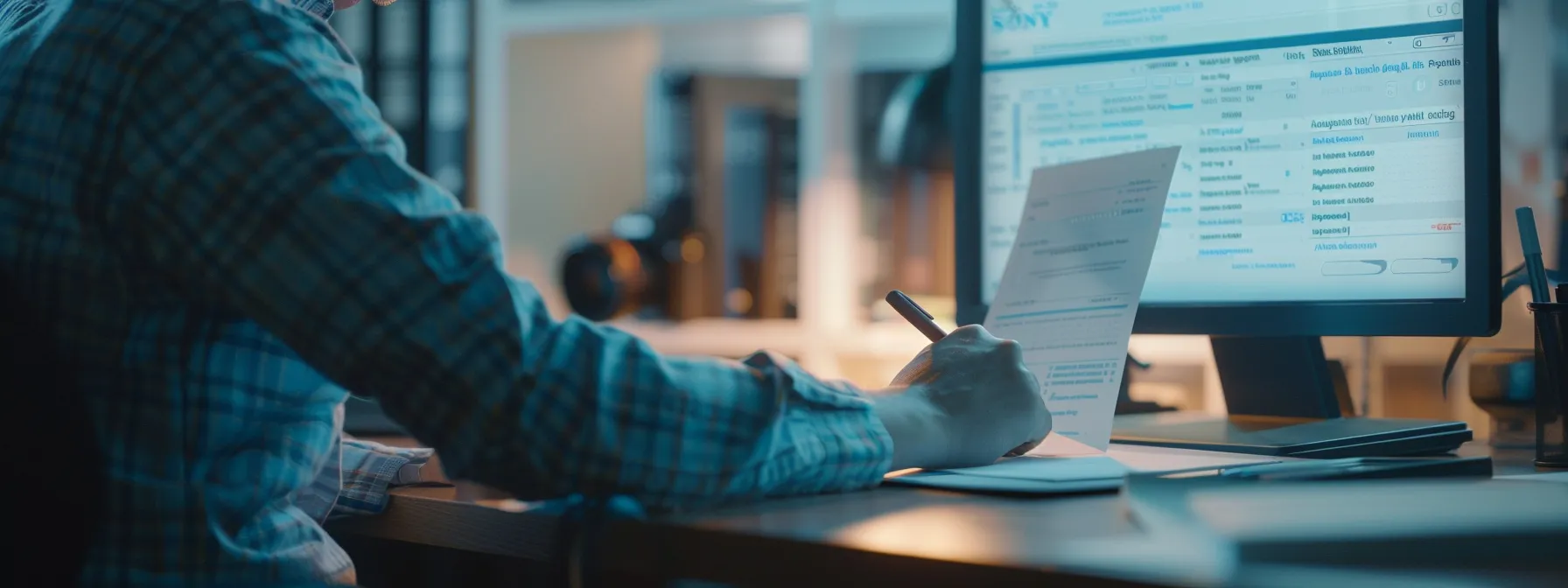 a person confidently filling out a digital application form on a sleek and modern computer screen.