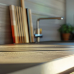 a modern kitchen counter with a sleek, energy-efficient appliance and vibrant red accents, showcasing how cmhc mli select reduces homeownership costs.