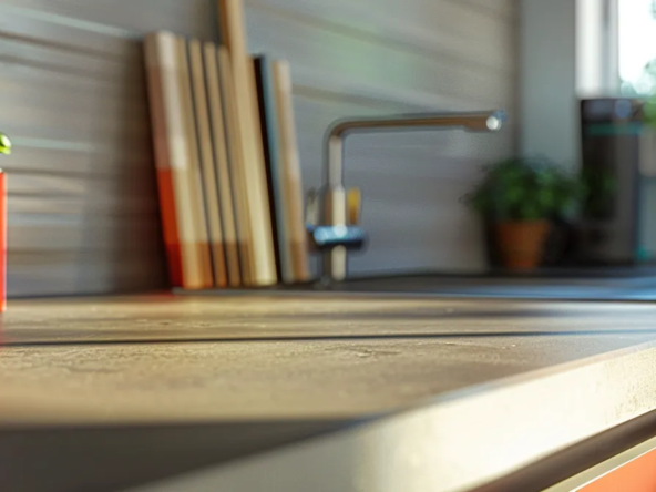 a modern kitchen counter with a sleek, energy-efficient appliance and vibrant red accents, showcasing how cmhc mli select reduces homeownership costs.