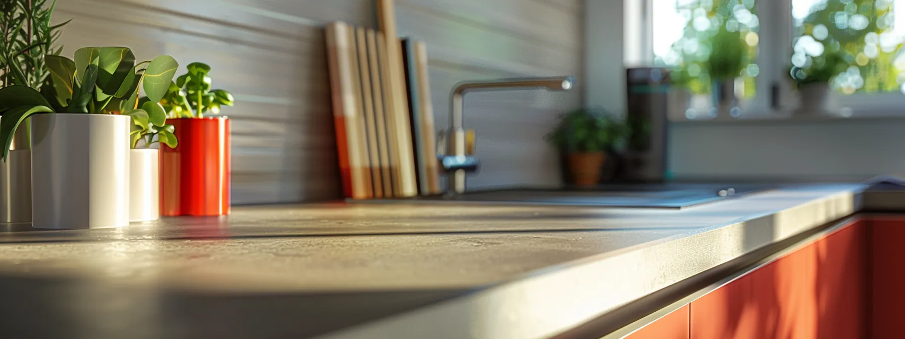 a modern kitchen counter with a sleek, energy-efficient appliance and vibrant red accents, showcasing how cmhc mli select reduces homeownership costs.