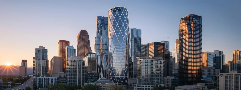 a modern, sleek skyscraper in calgary gleaming in the sunlight, showcasing the top mli select projects in the city.