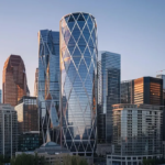 a modern, sleek skyscraper in calgary gleaming in the sunlight, showcasing the top mli select projects in the city.