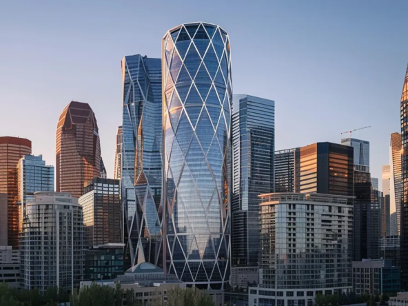 a modern, sleek skyscraper in calgary gleaming in the sunlight, showcasing the top mli select projects in the city.