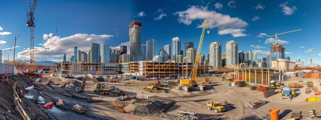 a vibrant, bustling cityscape with modern buildings and construction sites, showcasing the economic growth and community development driven by mli select projects in calgary.