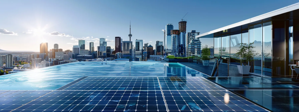 a stunning rooftop terrace with solar panels and a sparkling infinity pool overlooking the city skyline of calgary.