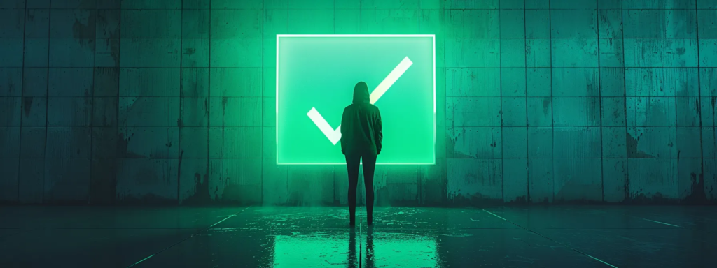 a person standing confidently in front of a glowing green checkmark, symbolizing a strong credit score ready for cmhc mli select.