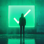 a person standing confidently in front of a glowing green checkmark, symbolizing a strong credit score ready for cmhc mli select.