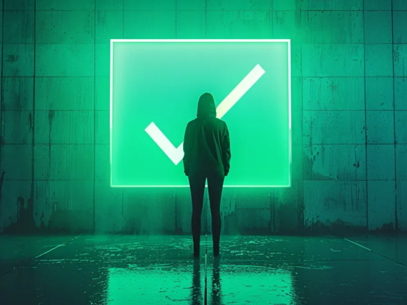 a person standing confidently in front of a glowing green checkmark, symbolizing a strong credit score ready for cmhc mli select.