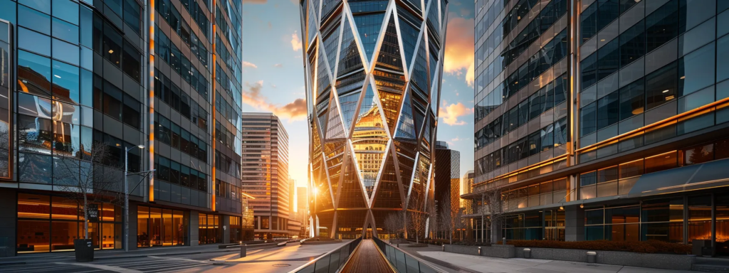 a sleek, modern high-rise building in downtown calgary with innovative architectural design details.