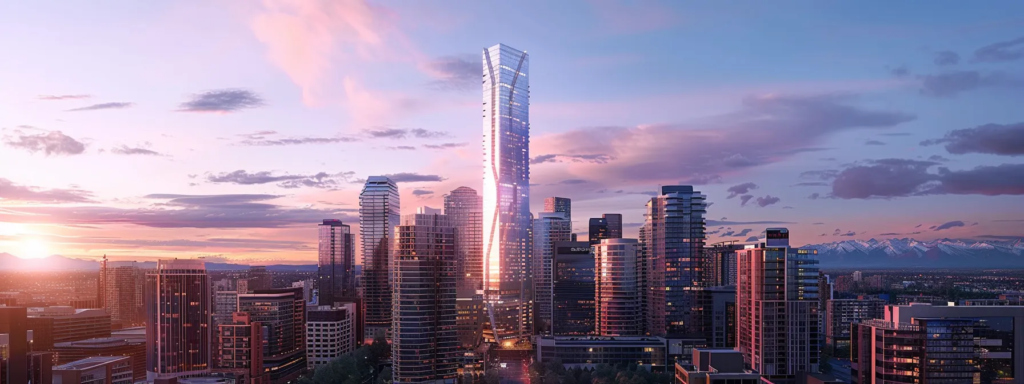 a sleek, modern condominium building with a futuristic design towering over calgary's skyline.