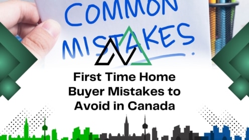 Hand holding a "Common Mistakes" sign, with a skyline, pen, and logo for New Homes Alberta's real estate blog.