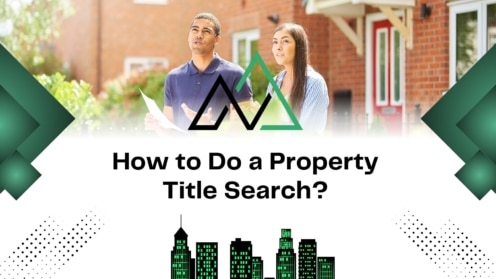 Two individuals discussing property title searches with documents, against a city skyline backdrop for New Homes Alberta.