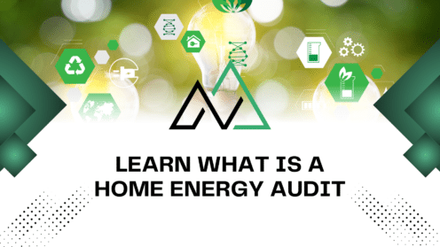 Home energy audit concept with energy efficiency icons and green shapes, showcasing sustainability, from New Homes Alberta.
