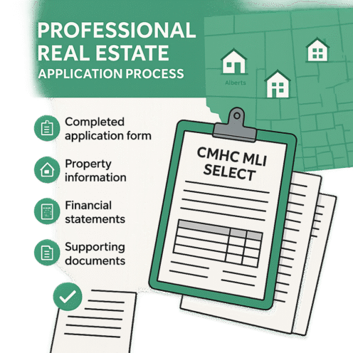 CMHC MLI Select application process infographic for Alberta buyers, listing required forms and financial documents.