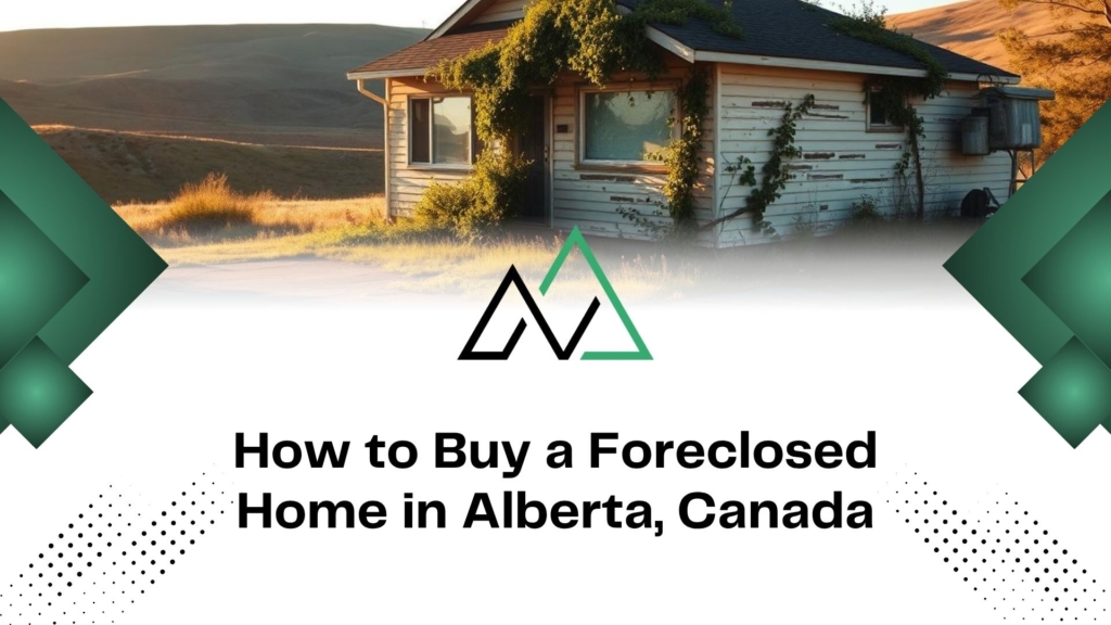 Guide on how to buy a foreclosed home in Alberta, Canada, featuring a small rural cottage and geometric logo.