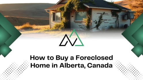 Guide on how to buy a foreclosed home in Alberta, Canada, featuring a small rural cottage and geometric logo.