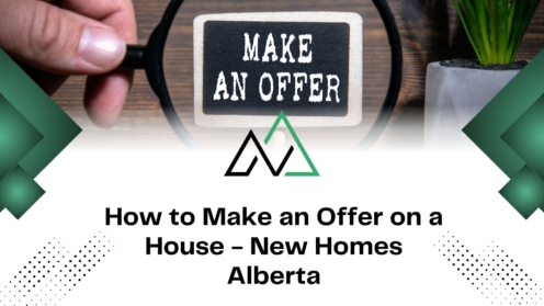 Magnifying glass over a 'Make an Offer' sign for a New Homes Alberta guide on how to make an offer on a house.