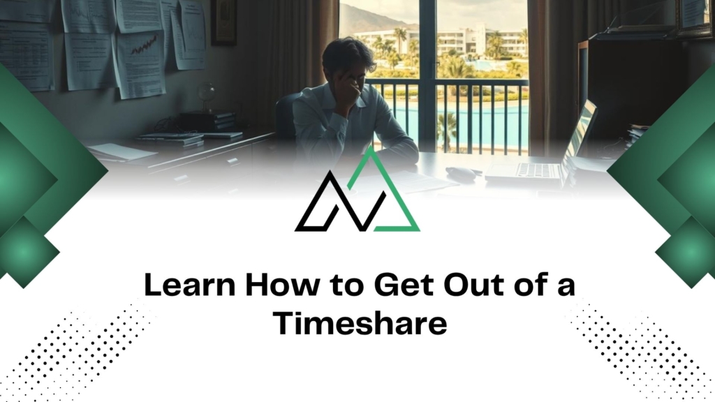 Stressed man at a desk with a resort view, MLI Select branding, and guidance on how to get out of a timeshare.