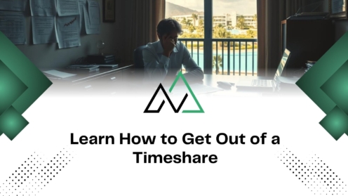 Stressed man at a desk with a resort view, MLI Select branding, and guidance on how to get out of a timeshare.