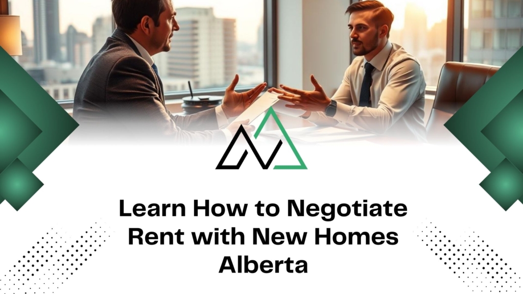 Two professionals negotiating rent for New Homes Alberta, discussing lease terms and MLI Select program benefits.