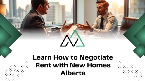 Two professionals negotiating rent for New Homes Alberta, discussing lease terms and MLI Select program benefits.
