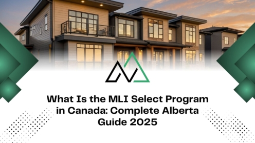 Modern housing development with text for the MLI Select program in Canada: Complete Alberta Guide 2025.