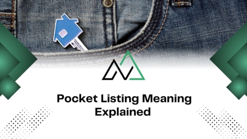 Blue house key in a denim pocket with text explaining pocket listing meaning for New Homes Alberta real estate.